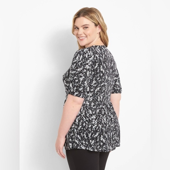Lane Bryant Black White Floral Puff Sleeve Sweetheart-Neck Surplice Peplum Top - Picture 6 of 9